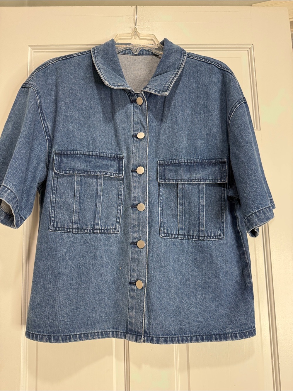 Denim Short-Sleeve Button-Up Top